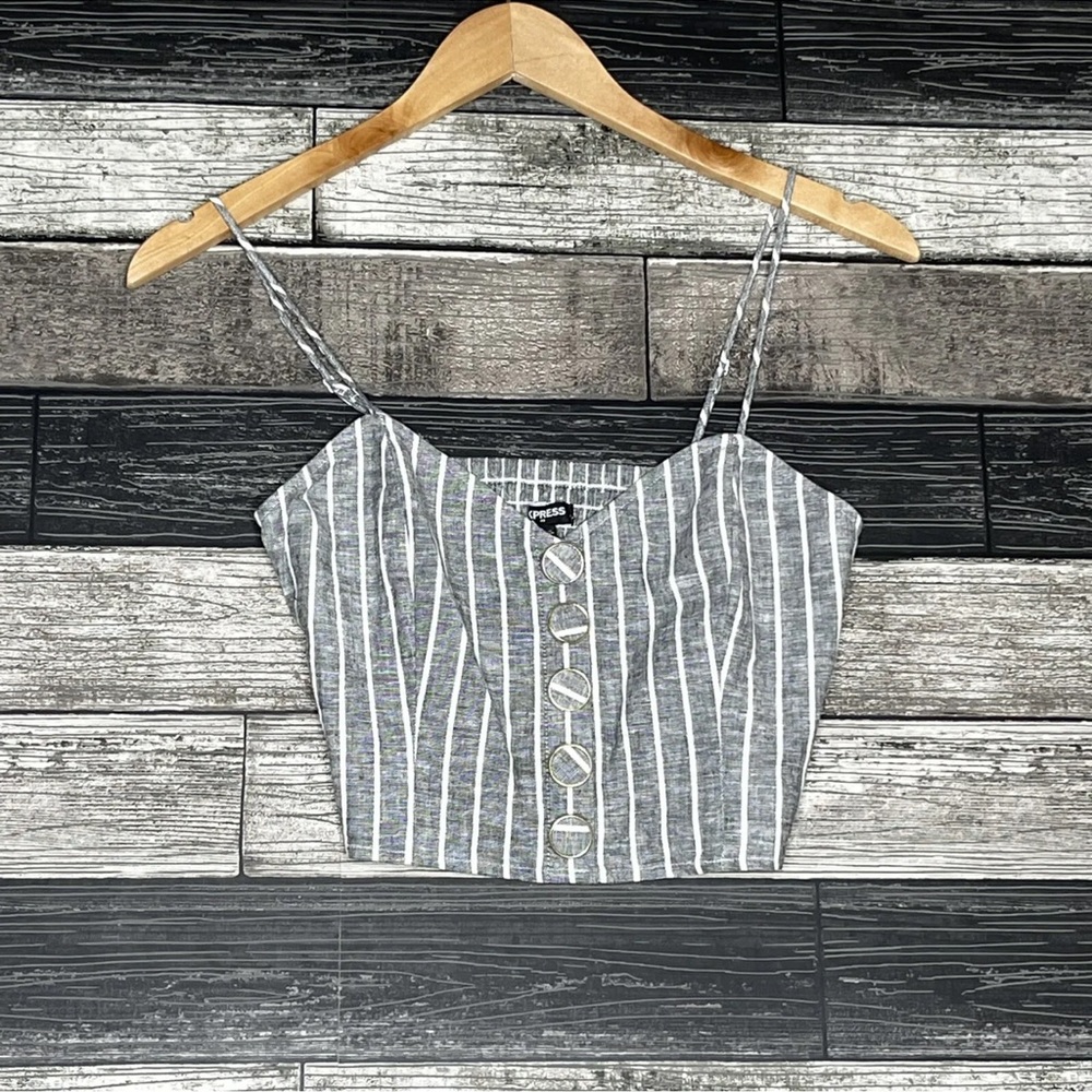 Express‎ Womens Cropped Tank Top Size XS Linen Striped Gray Button Front NEW Top
